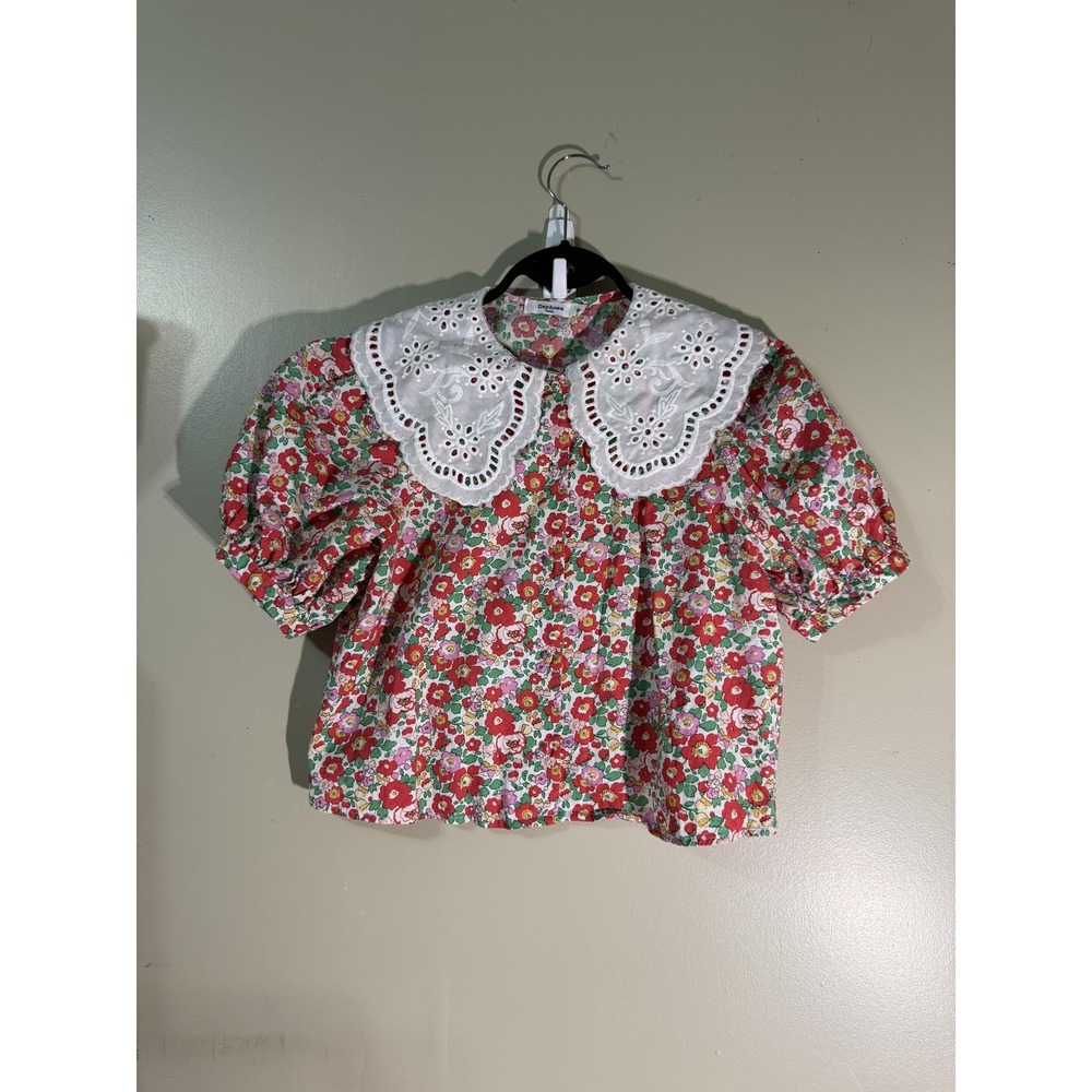 Daphnea Blouse Womens S Red Floral Embroidered Puff Sleeve 100% Cotton